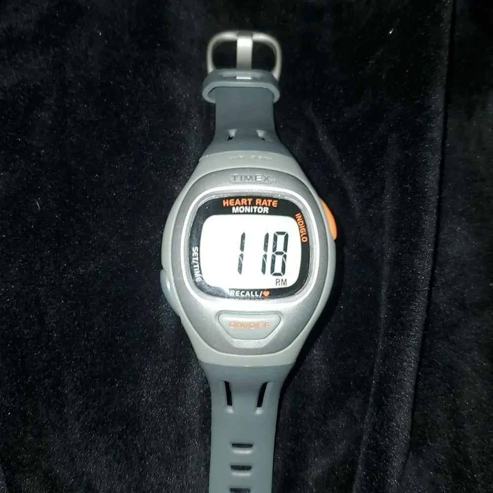 Timex Heart Rate Monitor Watch T5G941 Sport Silver Bezel Grey Band Men Women 30m
